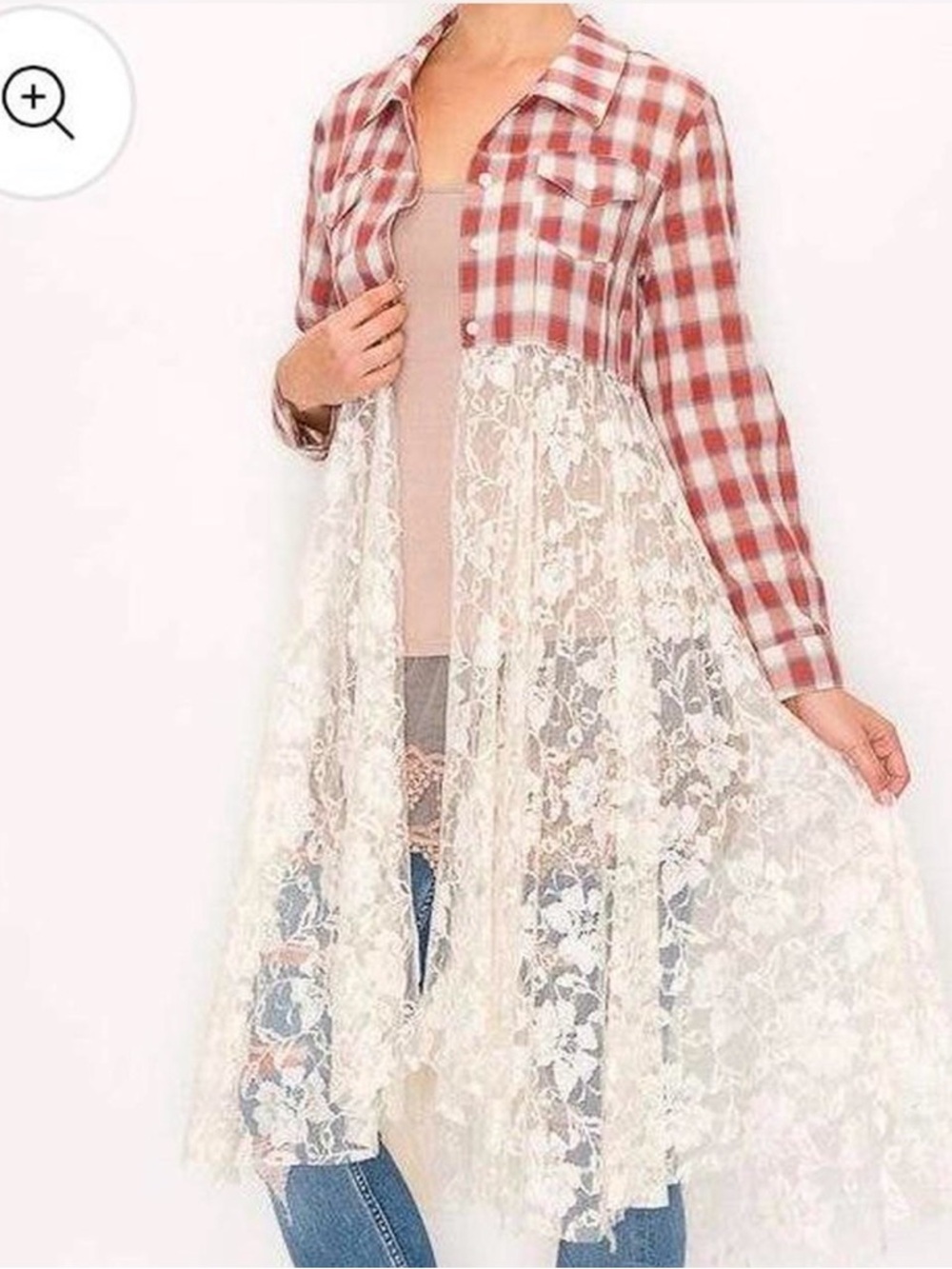 Origami by Vivien Red Plaid Western Boho Lace Duster Size S